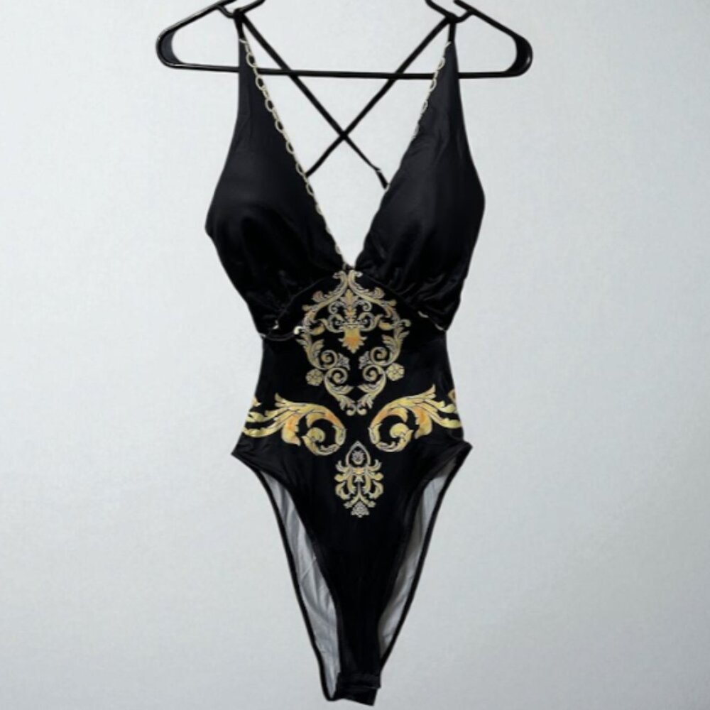 Black Baroque Print Cutout Bodysuit One Piece Swimsuit